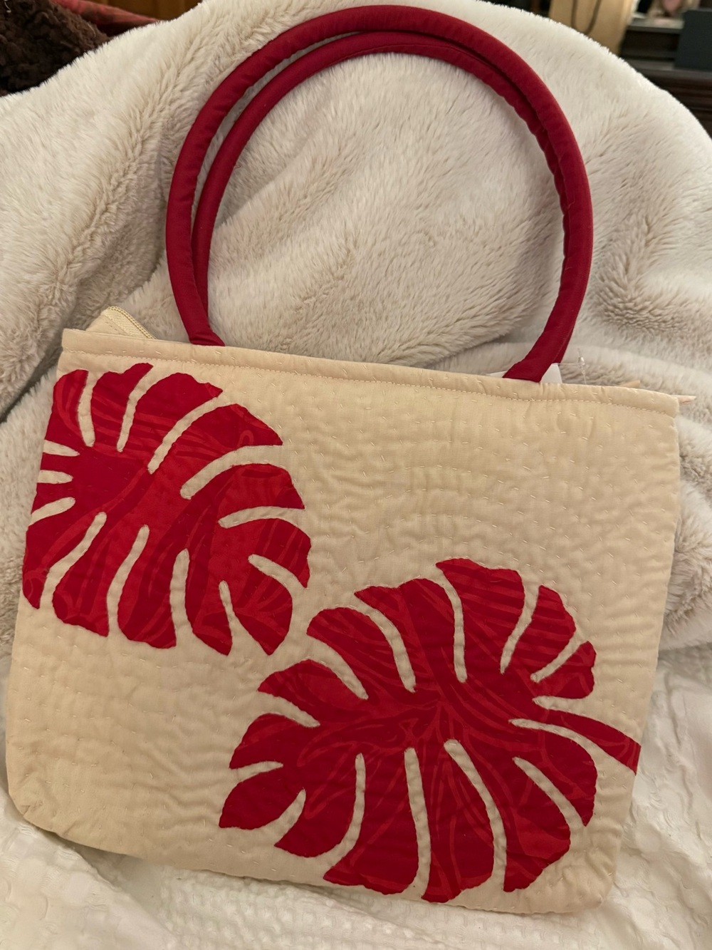 Regency Creations Embroidered  Crème Bag with Red Appliqué Leaf patterns NWT